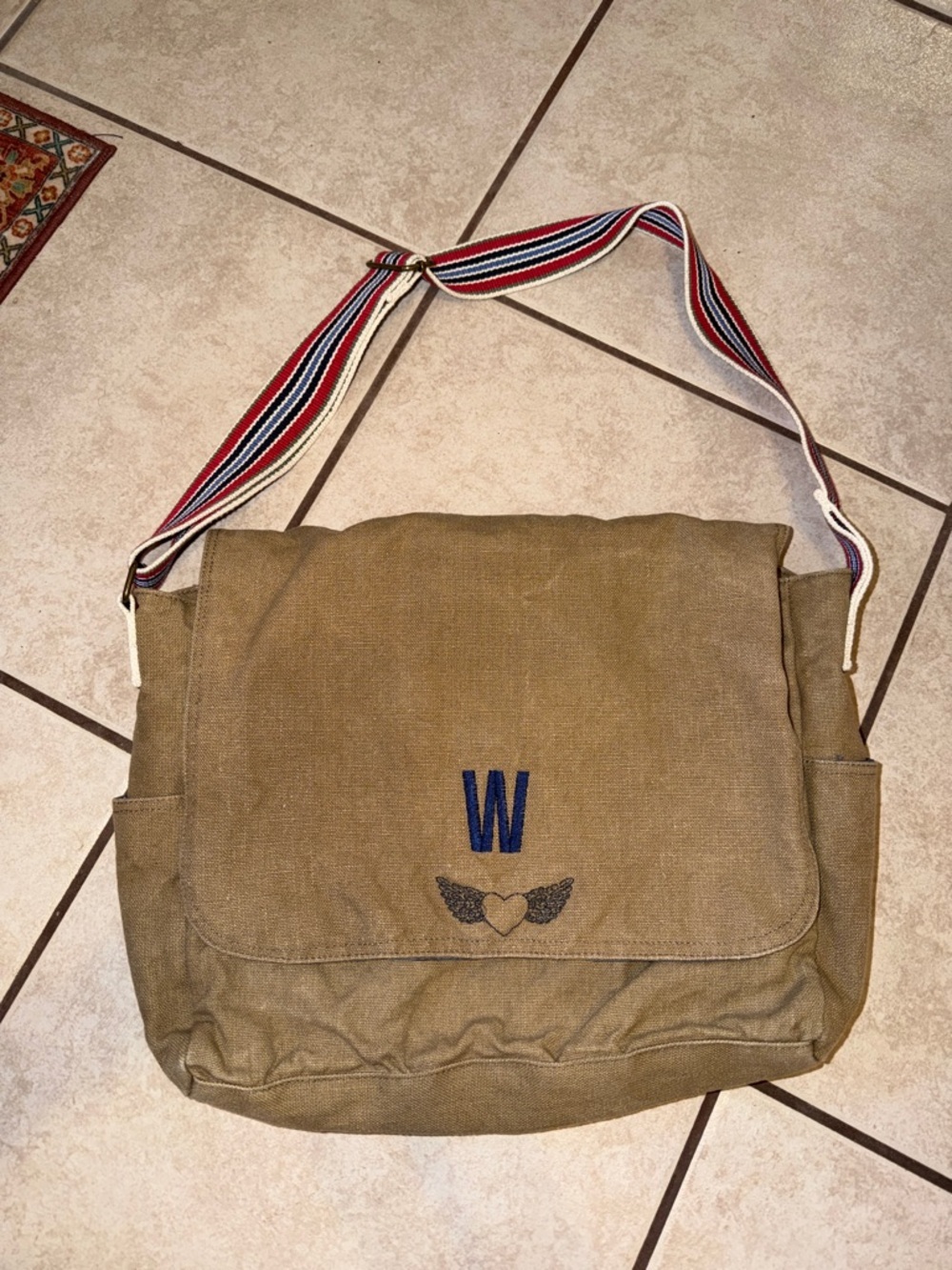 Khaki Canvas Messenger Bag with Striped Shoulder Strap W monogram - Picture 2 of 8